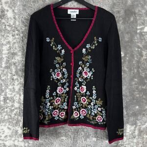Cando Size S Floral Embroidery V Neck Button Cardigan Sweater Black Long‎ Sleeve
